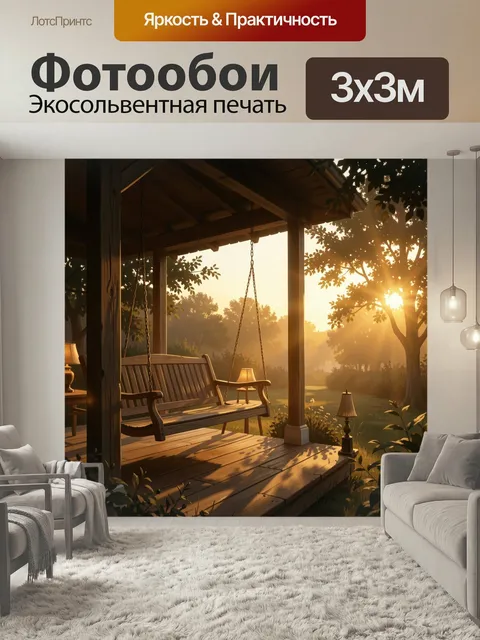 Фотообои Качели на веранде на закате. Уютная деревянная терраса с подвесной скамьей, тёплый вечерний свет сквозь дерев…