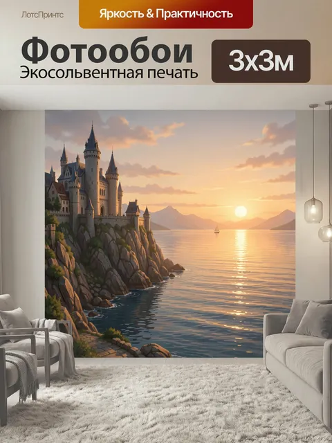 Фотообои Замок на скале у моря. Сказочная крепость на утёсе над спокойной морской гладью, тёплый закат, мягкие облака …
