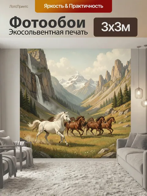 Фотообои Скачущие лошади в горах. Живописная сцена с табуном резвых коней на фоне высоких скал, альпийских лугов, хвой…
