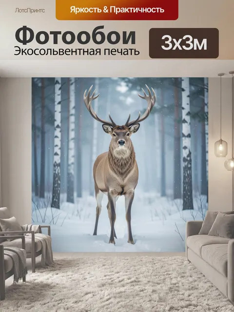 Фотообои Олень в зимнем лесу. Благородный рогатый зверь стоит среди заснеженных берёз в туманном хвойном
