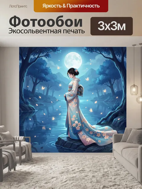 Фотообои Девушка в кимоно у озера. Нежная восточная иллюстрация с молодой красавицей в традиционном наряде у тихой вод…