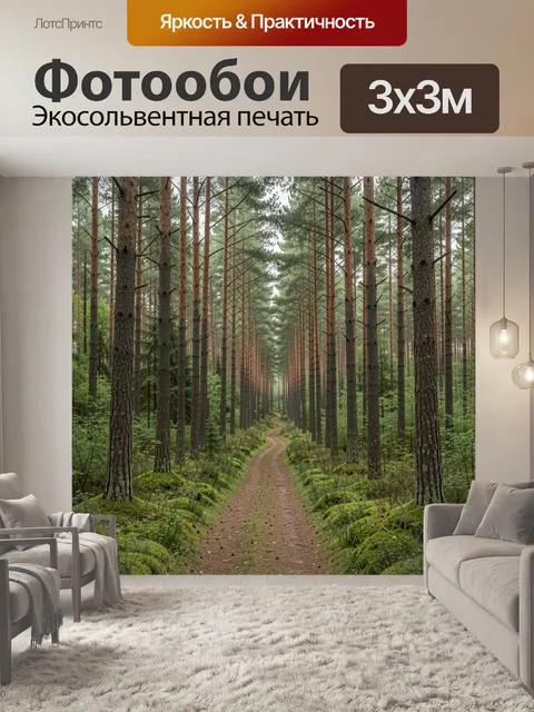 Фотообои Сосновая аллея в лесу. Узкая тропинка среди высоких хвойных деревьев, мшистый подлесок и густая зелень, приро…