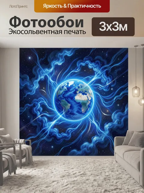 Фотообои Планета Земля в кольцах энергии. Сияющая Земля в центре вселенной, окружённая голубыми световыми орбитами и п…