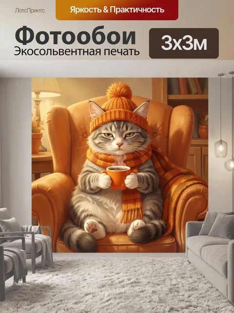 Фотообои Кот в шапке с кружкой