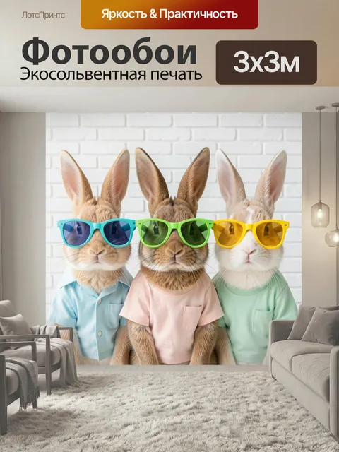 Фотообои Три зайца в солнечных очках. Трое милых кроликов в разноцветных футболках и ярких линзах, сидят на фоне белой…