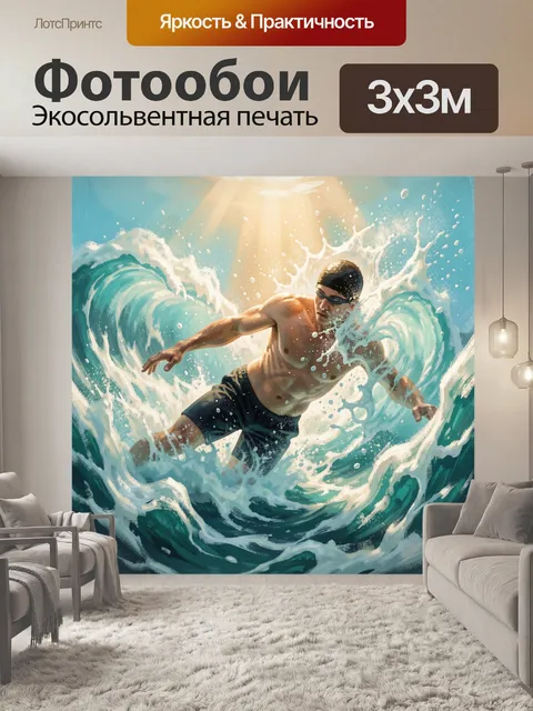 Фотообои Пловец в бурных морских волнах. Динамичная иллюстрация мужчины в плавательных очках среди бирюзовой воды и бе…