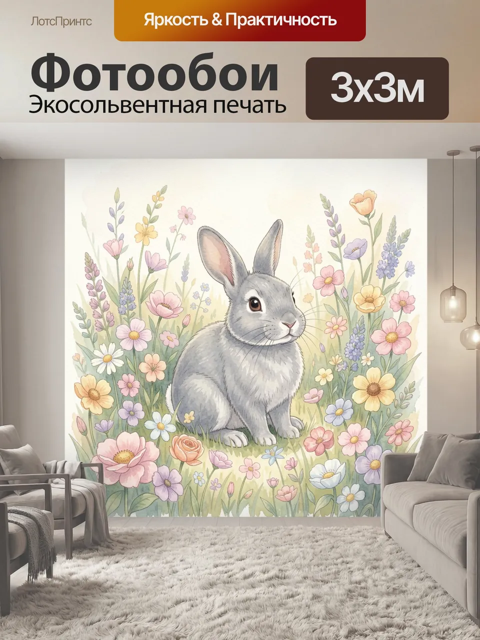 Фотообои Серый зайчик среди цветов. Нежная акварельная иллюстрация с пушистым кроликом на лугу, окружённым ром…