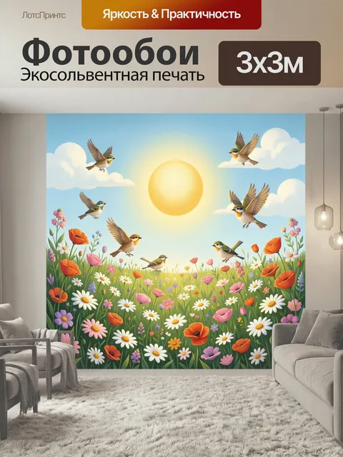 Фотообои Птицы над цветущим лугом. Яркая весенняя сцена: стая маленьких пернатых в полёте над полем ромашек, маков и п…