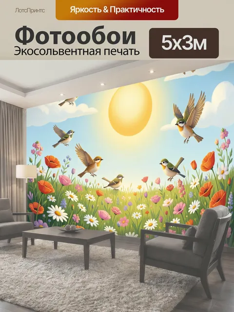 Фотообои Птицы над цветущим лугом