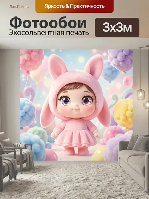 Фотообои Кукольный зайчонок в розовом. Объемный 3D персонаж в нежно-коралловом костюме с ушами, с большими блестящими …