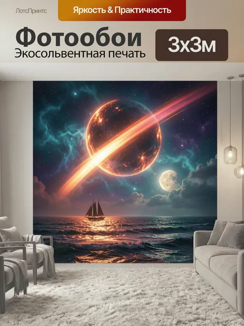 Фотообои Космический пейзаж над океаном. Фантастическая сцена с огненной планетой и световым кольцом над морем, ночное…