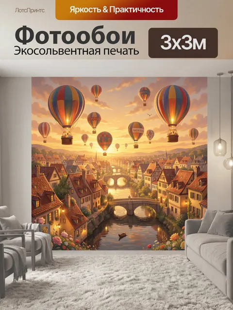 Фотообои Воздушные шары над городским каналом. Теплый закат над живописным европейским городком: парусные крыши, камен…