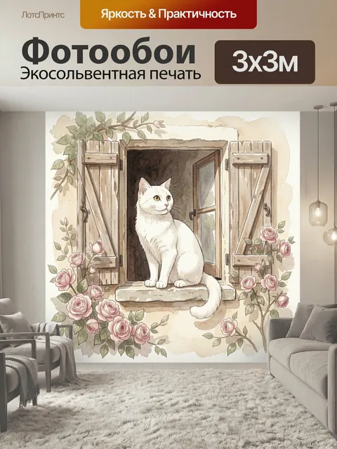 Фотообои Белый кот у окна с розами. Нежная акварельная сцена: светлый питомец на подоконнике распахнутого деревянного …