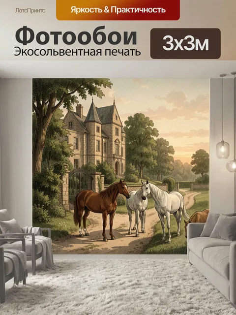 Фотообои Старинное поместье с конями. Аристократическая усадьба среди деревьев, несколько лошадей на тропе, мягкий зак…
