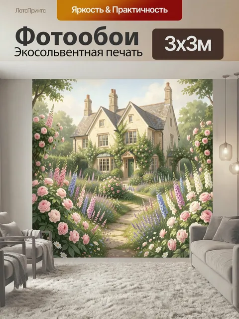 Фотообои Сказочный дом в цветущем саду. Уютный загородный особняк в английском стиле, утопающий в розах, лаванде и дел…