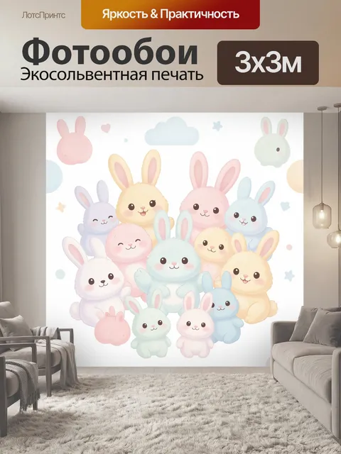 Фотообои Зайчики и кролики в облаках. Милый дружный хоровод зайчат и кроликов в пастельных тонах: белые, розовые, голу…