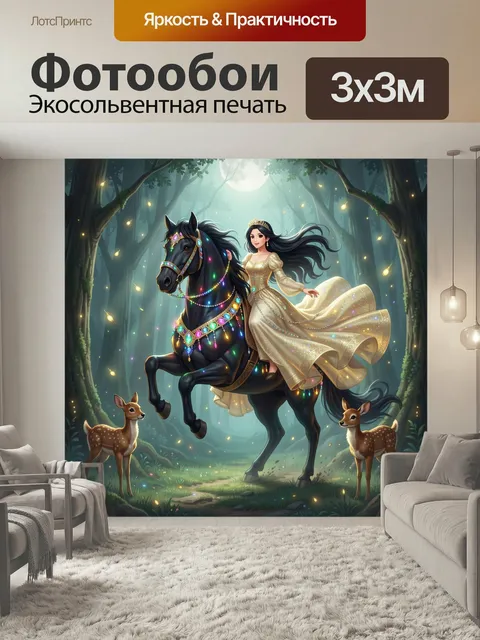 Фотообои Принцесса верхом на чёрном коне. Фэнтезийная иллюстрация: девушка в сияющем золотом наряде едет на украшенном…