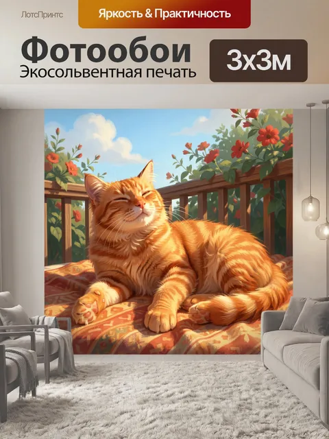 Фотообои Рыжий кот в саду. Уютная иллюстрация с полосатым домашним питомцем на солнечном балконе среди ярких красных…