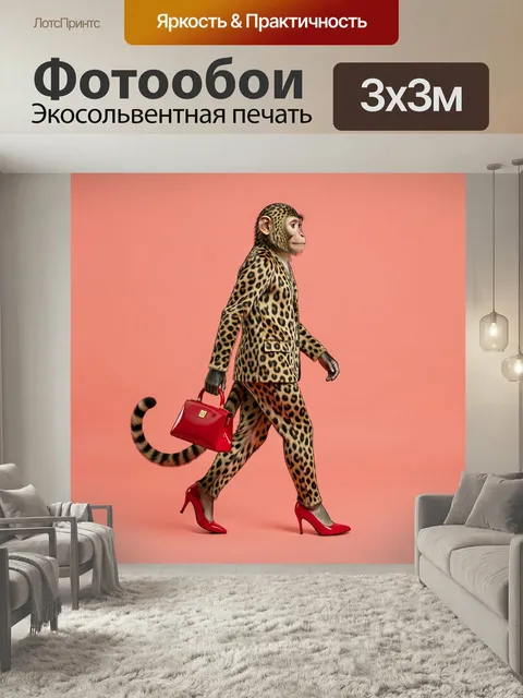 Фотообои Обезьяна в леопардовом костюме. Стильный антропоморфный примат в леопардовом ансамбле с яркой красной сумкой …