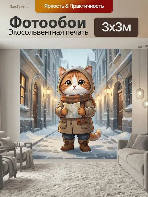 Фотообои Кот с картой в снежном городе. Милый мультяшный котёнок в тёплой одежде стоит на заснеженной улице старинного…
