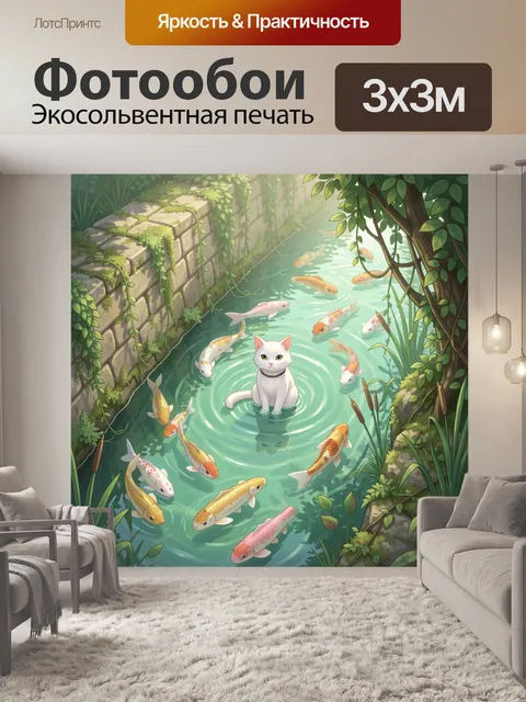 Фотообои Белый кот среди рыб в ручье. Уютная аниме-иллюстрация: белоснежный кот сидит в прозрачной воде среди разноцве…