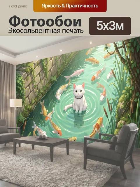 Фотообои Белый кот среди рыб в ручье