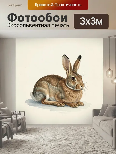 Фотообои Рыжевато-серый заяц в профиль. Натуралистичная акварельная иллюстрация лесного кролика с длинными ушами на св…
