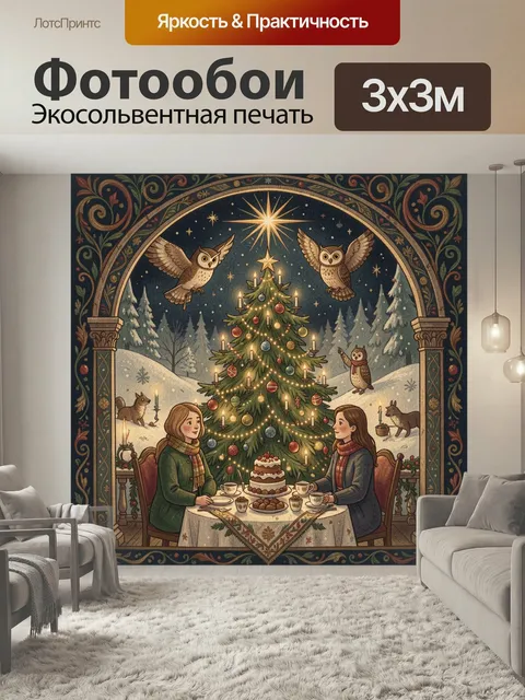 Фотообои Рождественский ужин у елки. Уютная зимняя сцена с праздничной трапезой, украшенным хвойным деревом, свечами, …