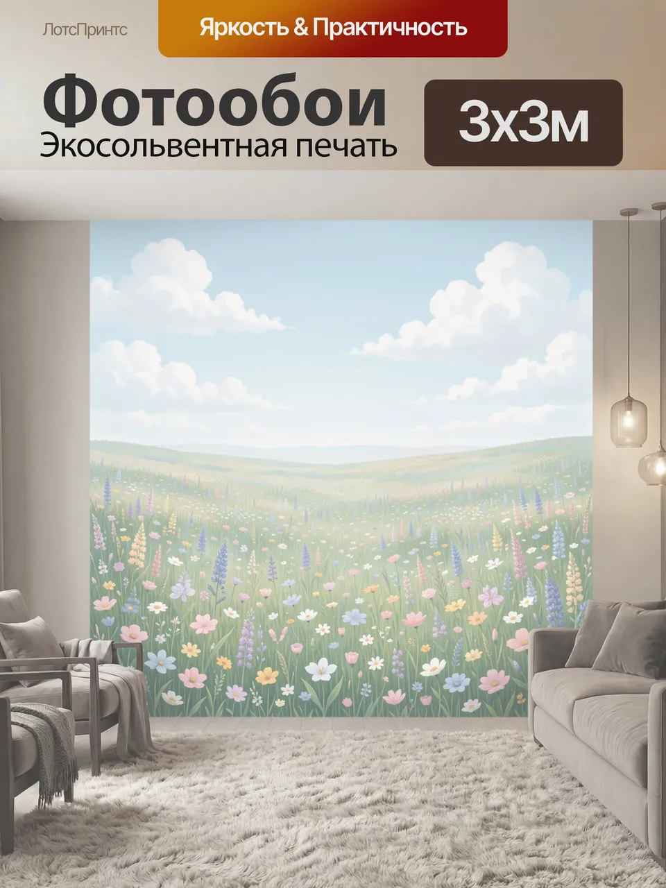 Фотообои Цветущий луг под облаками