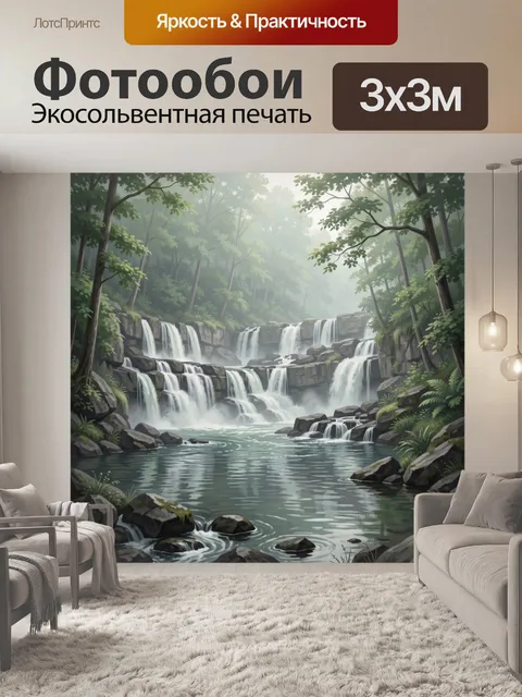 Фотообои Водопады в туманном лесу. Многослойные водопады среди скал и зелени, лесные деревья в тумане, мягкая светотен…