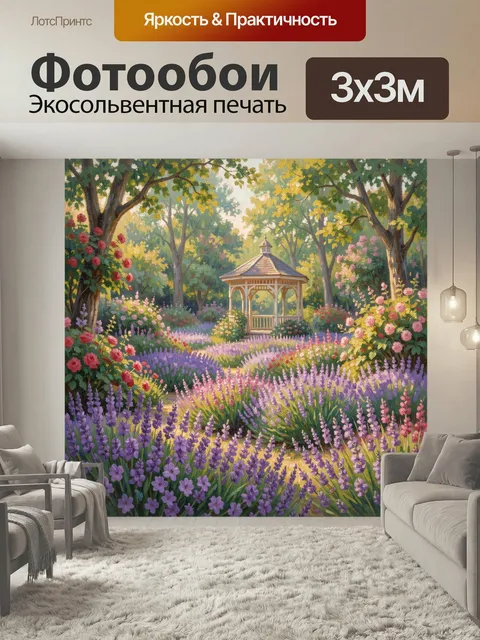 Фотообои Цветущий сад с беседкой. Живописный летний уголок в стиле импрессионизма: пышные розы, лаванда и тропинки сре…