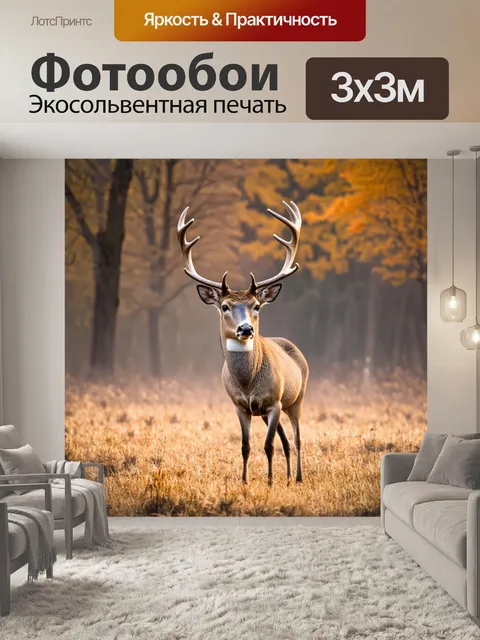 Фотообои Олень с разветвленными рогами стоит на фоне осеннего поля, окруженного деревьями. Его шершавая шкура светло-к…