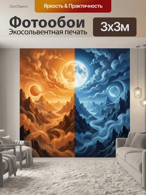 Фотообои Огненный и ледяной пейзаж. Разделённый на две части горный мир: слева огненные реки облаков и солнце в золоты…