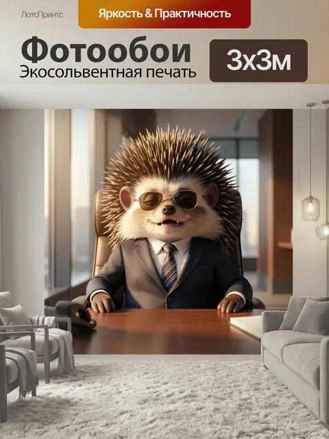 Фотообои Ежик в деловом костюме. Очаровательный зверёк в пиджаке, галстуке и тёмных очках сидит за рабочим столом в со…