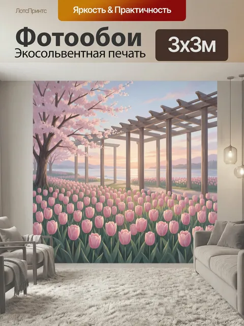 Фотообои Цветущие тюльпаны у моря. Нежная весенняя сцена в пастельных тонах: розовые бутоны, цветущая сакура, деревянн…