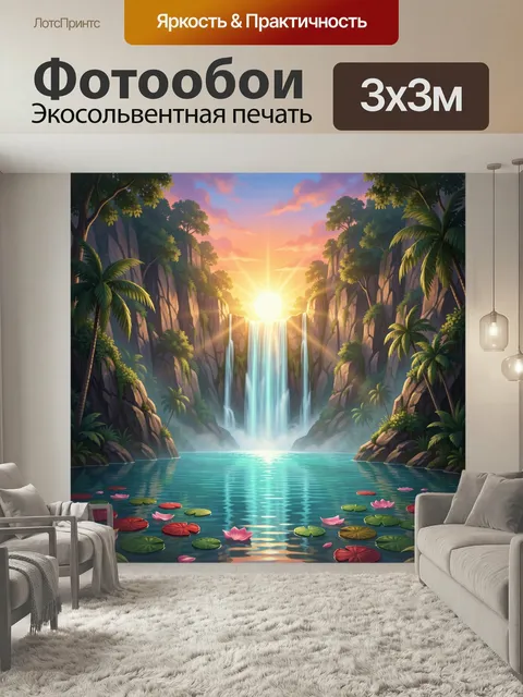 Фотообои Тропический водопад на закате. Живописная экзотическая долина с каскадным потоком, высокими скалами, пальмами…