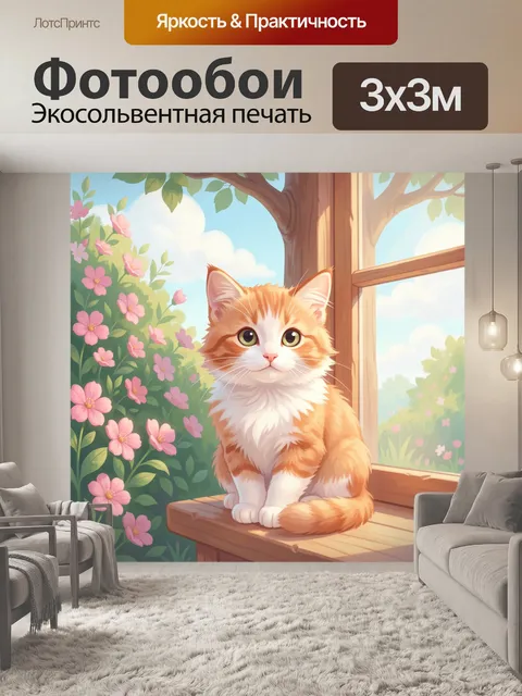Фотообои Рыжий кот у окна в саду. Милый пушистый котёнок на деревянном подоконнике, рядом цветущий сад и нежные розовы…