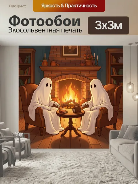Фотообои Призраки у камина. Уютная сказочная сцена в тёплой осенней палитре: два привидения сидят в креслах у…