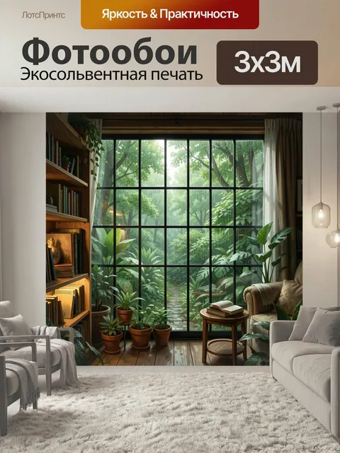 Фотообои Уютная комната с видом на джунгли. Светлый интерьер с деревянными полками, креслом и горшечными растениями у …