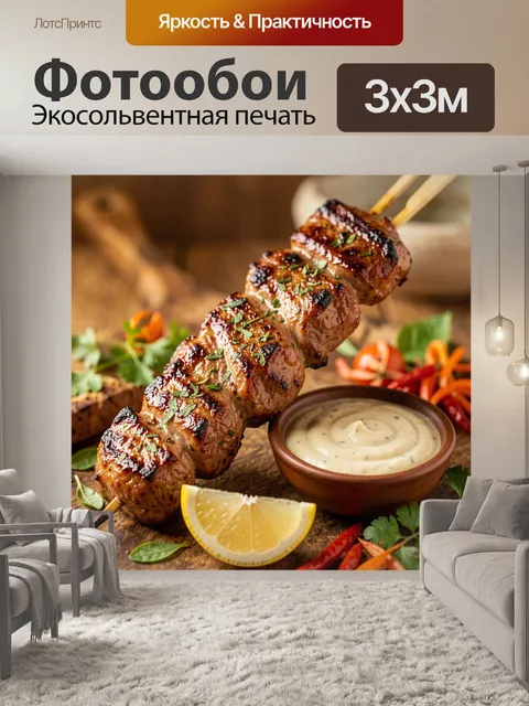 Фотообои Гриль-шашлык с соусом и лимоном. Сочное мясо на шампурах с аппетитной карамелизованной корочкой, зеленью и кр…