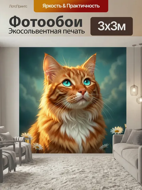Фотообои Рыжий кот с голубыми глазами. Пушистый янтарный питомец с ярко-бирюзовым взглядом на фоне мягкого небесно-дым…