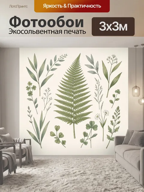 Фотообои Ботанические ветви и папоротник. Нежная композиция с лесными травами, папоротником, клевером и тонкими веточк…