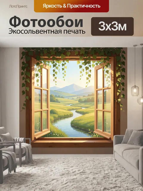 Фотообои Окно с видом на долину. Светлая иллюстрация деревенского пейзажа с распахнутым деревянным окном, вьющимся плю…