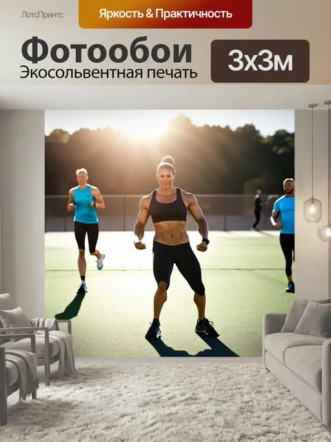 Фотообои Тренер по фитнесу, проводящий тренировку на открытом воздухе, динамика и активность, яркое солнце и энергии у…