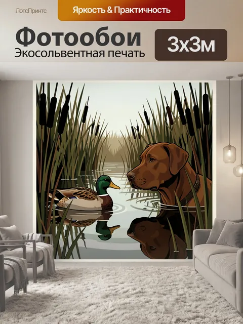 Фотообои Собака и утка в камышах. Спокойная сценка на тихой заводи: коричневый пес и селезень среди высоких тростников…