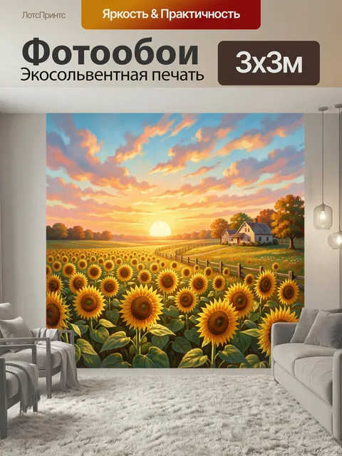 Фотообои Подсолнухи у загородного дома. Тёплый сельский пейзаж в живописной манере: бескрайнее поле жёлтых цветов, уют…