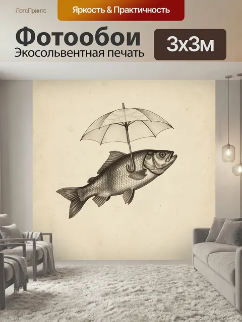 Фотообои Рыба с прозрачным зонтом. Сюрреалистичная винтажная иллюстрация морского обитателя под куполом, графика в сти…