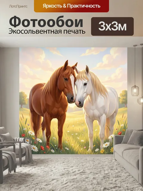 Фотообои Две лошади в цветочном поле. Тёплая пасторальная сцена с парой спокойных лошадей на солнечном лугу, среди ром…