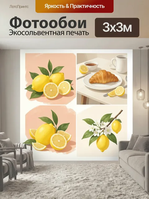 Фотообои Лимоны с листьями и цветами. Яркие цитрусовые натюрморты в нежной пастельной палитре: спелые плоды, дольки, з…