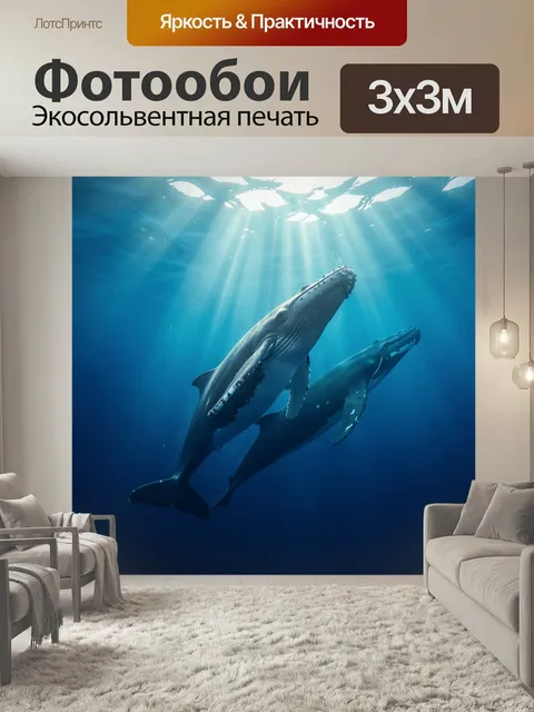Фотообои Киты в лучах океана. Подводная сцена с двумя крупными морскими великанами, плывущими в глубине синего моря. С…
